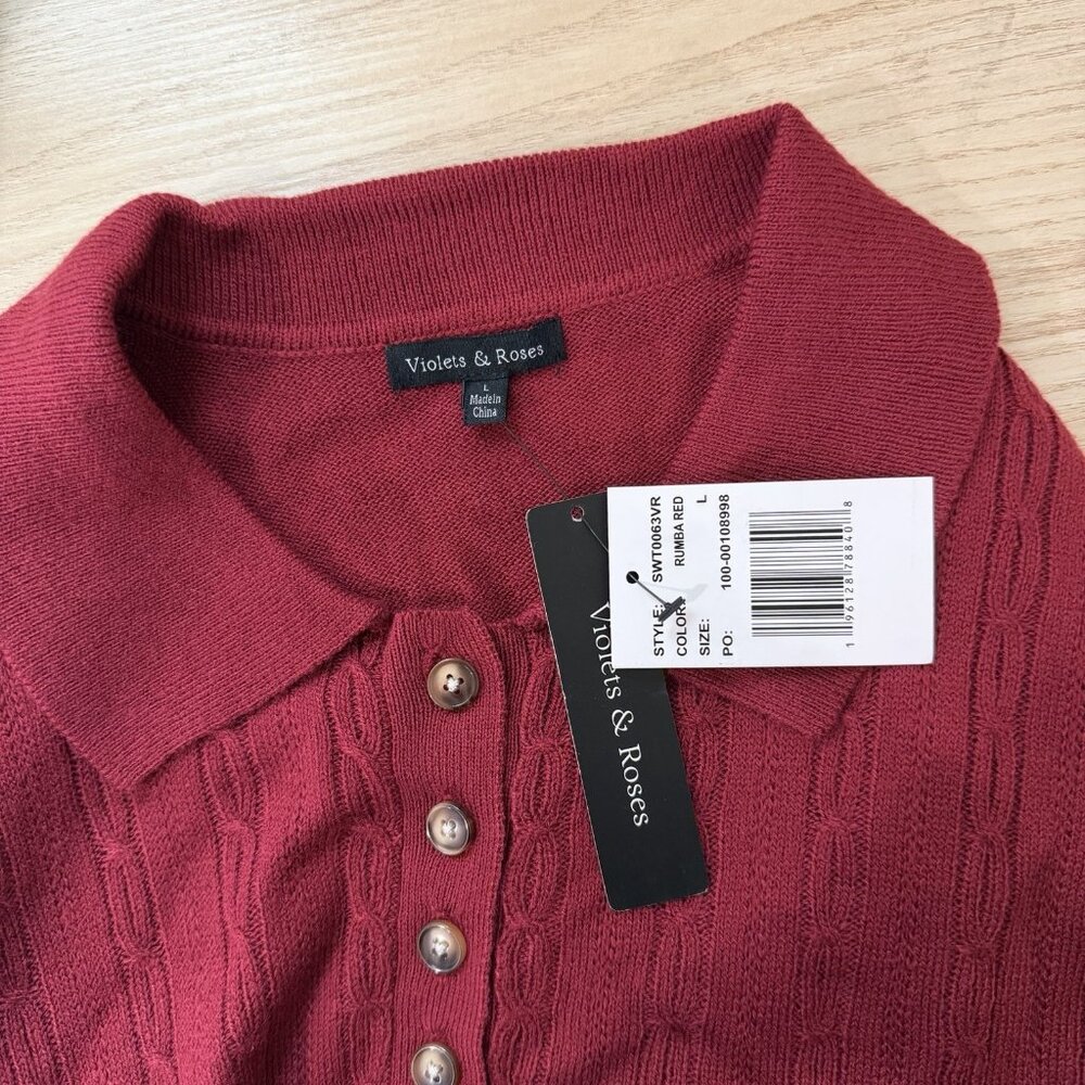 Violets & Roses Pullover Henley Sweater Tunic Top Large Dark Rumba Red Collared - Picture 6 of 10